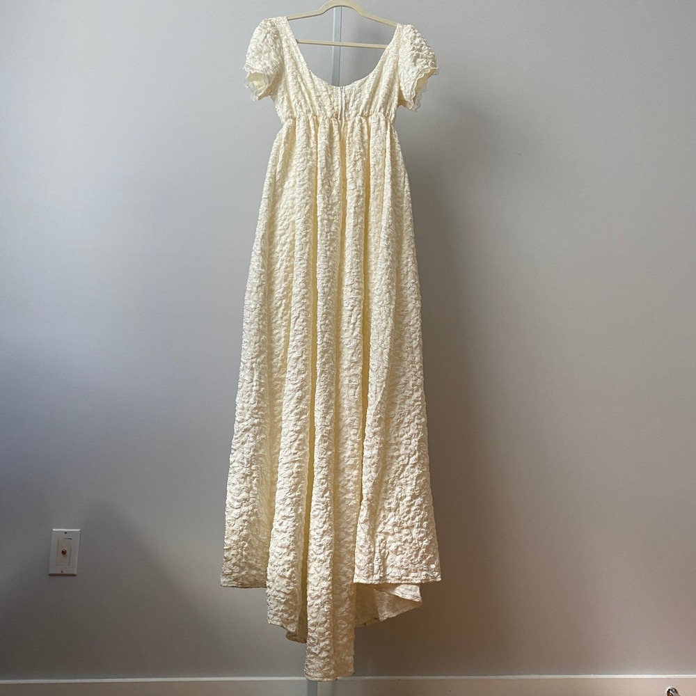 VTG S/M Cream Maxi Dress Puff Sleeve Empire Waist Textured Cloque Gown - Picture 6 of 6